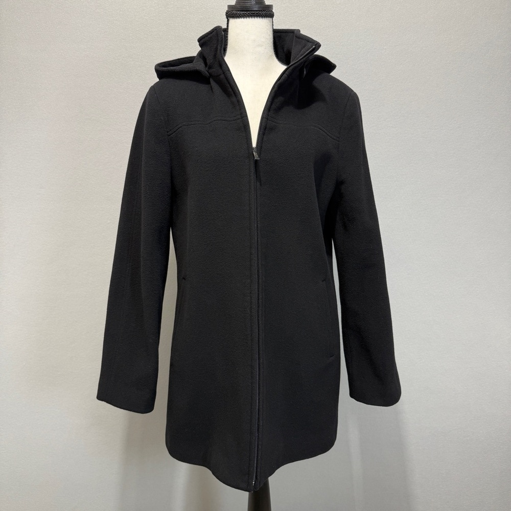 Calvin Klein Womens M Wool Cashmere Hooded Coat Black Zip Front Minimalist Chic